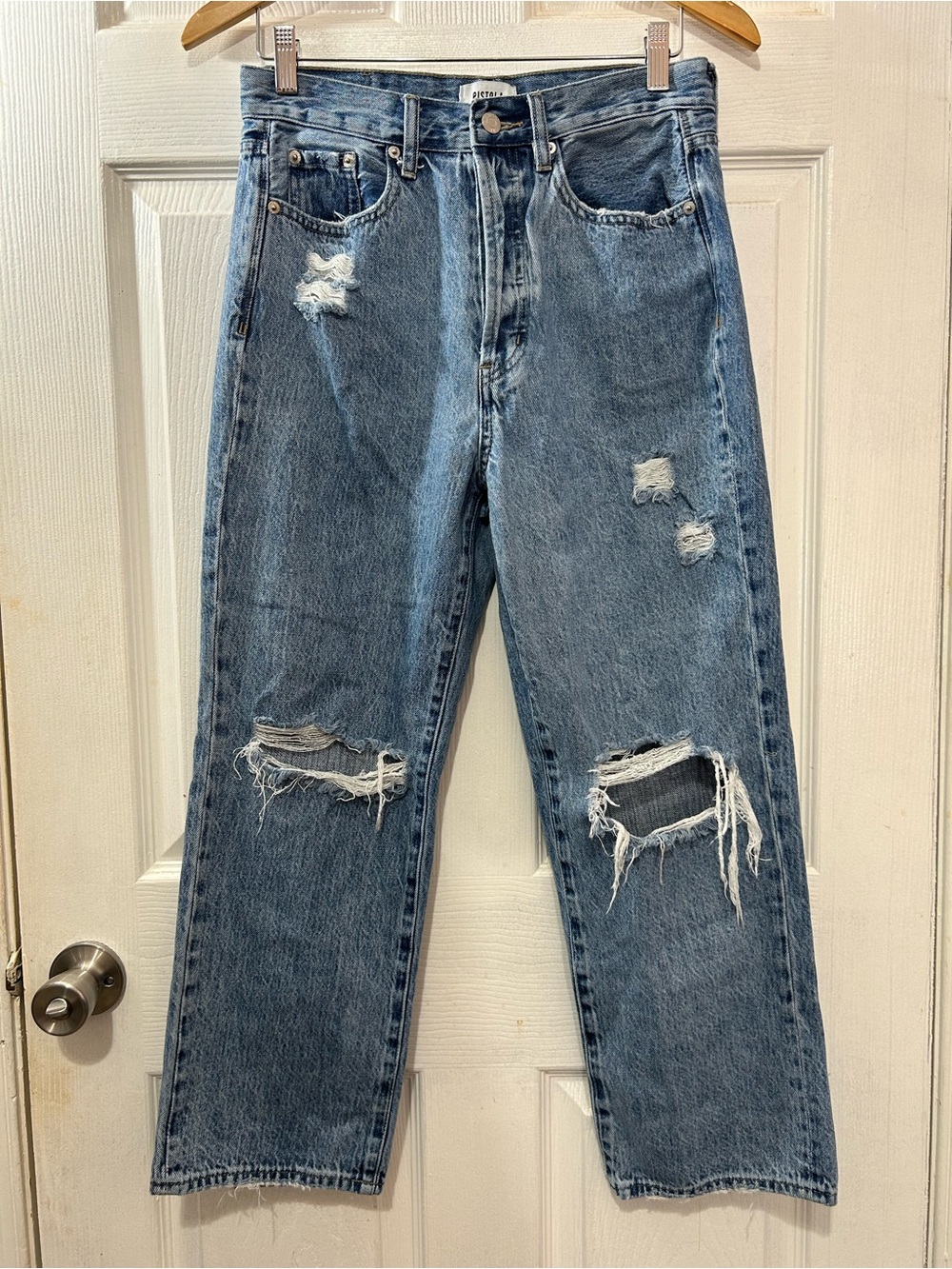 Pistola Cassie Jeans Sz 28 Medium Wash Distressed Straight Leg High Rise Denim